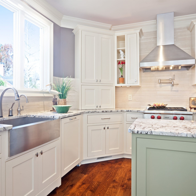Móveis de casa em madeira maciça RTA, branco e verde, estilo shaker, armário de cozinha com bancada