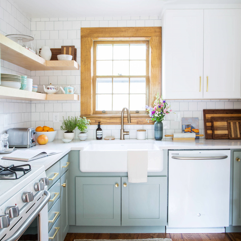 Conjunto de armário de cozinha pequeno estilo shaker americano laca azul claro com pia para casa de campo