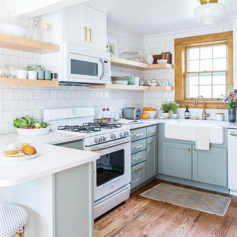 Conjunto de armário de cozinha pequeno estilo shaker americano laca azul claro com pia para casa de campo