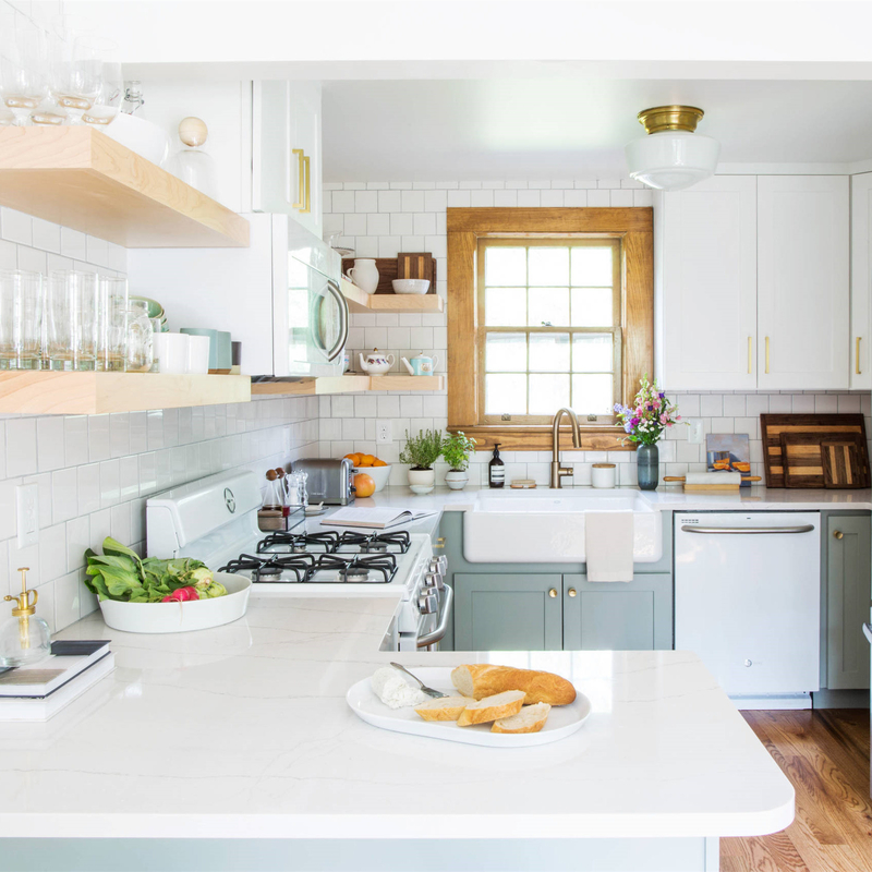 Conjunto de armário de cozinha pequeno estilo shaker americano laca azul claro com pia para casa de campo