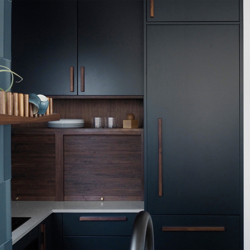O espaço U das economias do projeto moderno do hotel dá forma ao punho de madeira da cozinha pequena escuro - Matte Lacquer Finish Cabinets azul