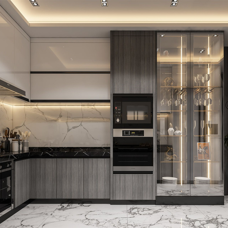 Os armários de exposição de vidro de canto luxuosos da cozinha aprontam-se para montar a cozinha moderna dos armários da laca de Storge